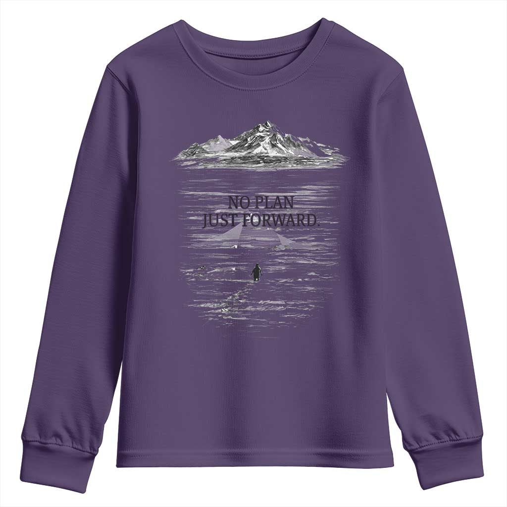 Funny Nihilist Penguin Hiking Youth Sweatshirt No Plan Just Forward