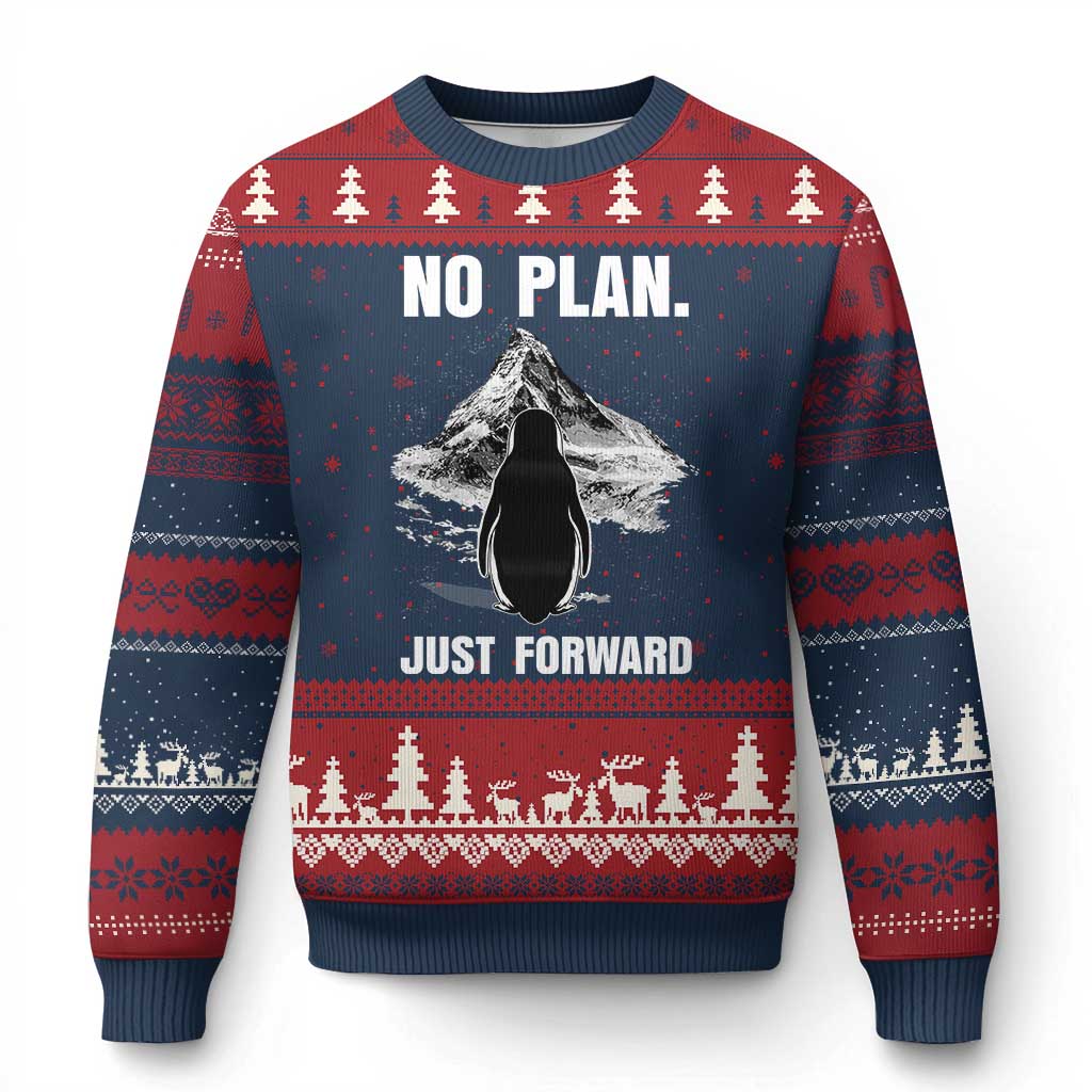 Nihilist Penguin Hiking Meme Ugly Christmas Sweater No Plan Just Forward