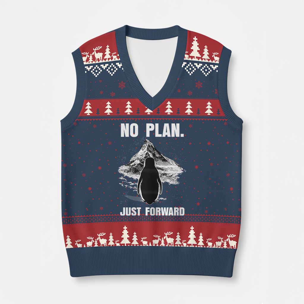 Nihilist Penguin Hiking Meme V-Neck Knit Sweater Vest No Plan Just Forward