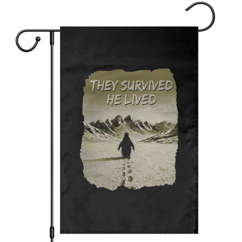 Nihilist Penguin Hiking Meme Garden Flag They Survived He Lived