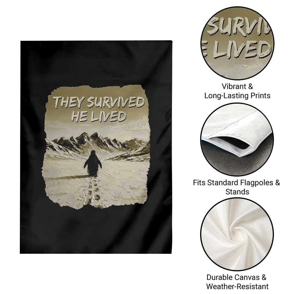 Nihilist Penguin Hiking Meme Garden Flag They Survived He Lived