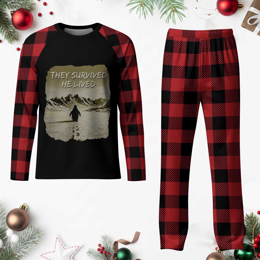 Nihilist Penguin Hiking Meme Plaid Pajama Set They Survived He Lived