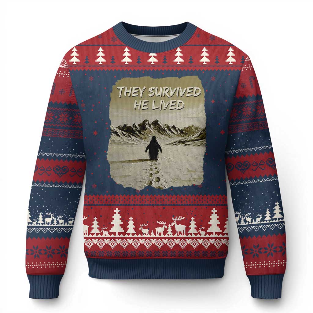 Nihilist Penguin Hiking Meme Ugly Christmas Sweater They Survived He Lived