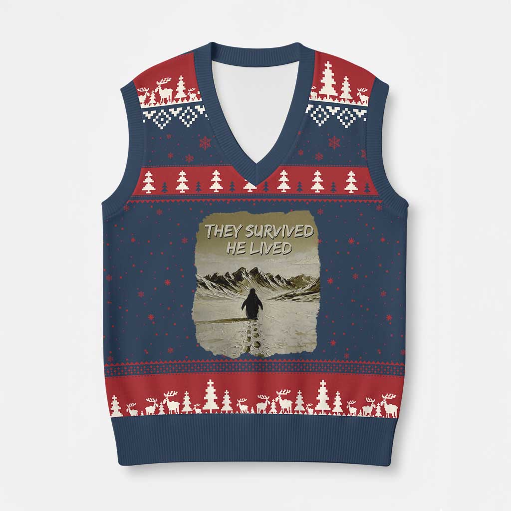 Nihilist Penguin Hiking Meme V-Neck Knit Sweater Vest They Survived He Lived