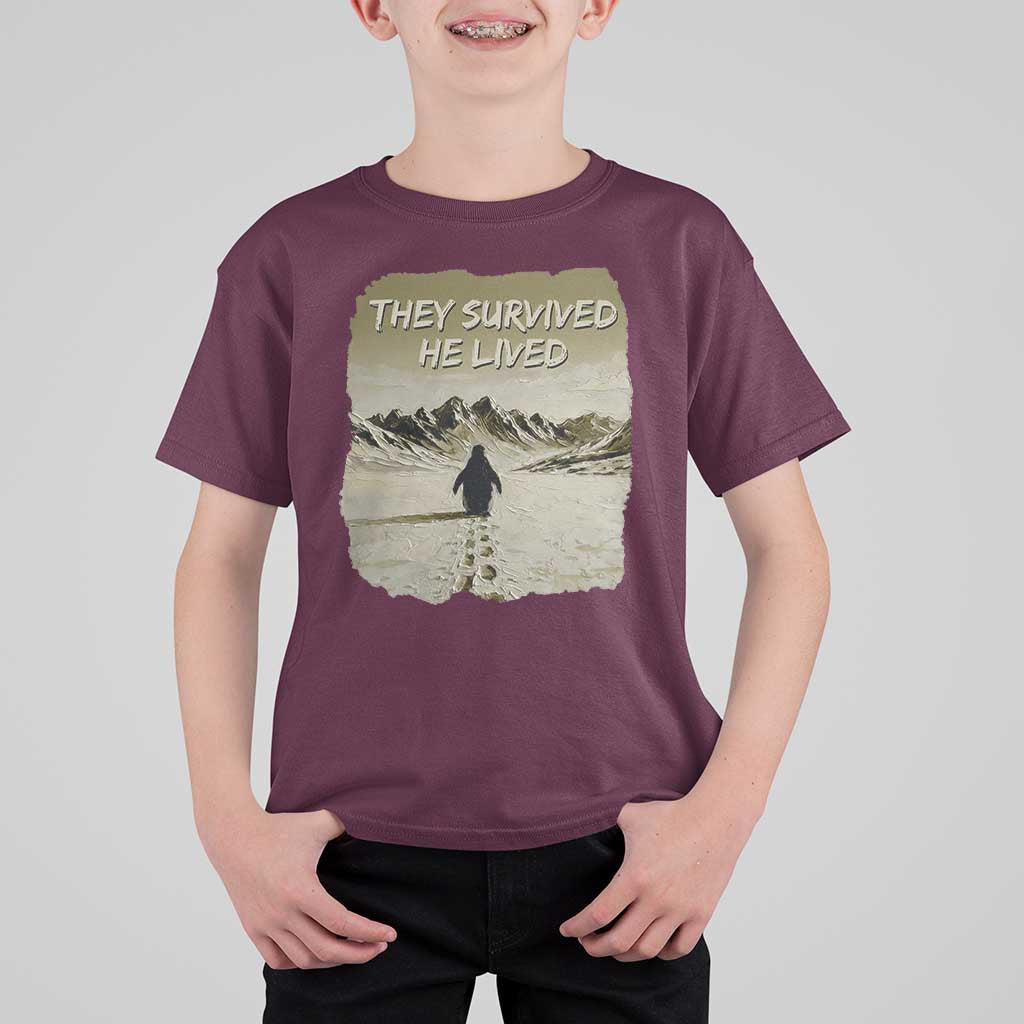 Nihilist Penguin Hiking Meme T Shirt For Kid They Survived He Lived
