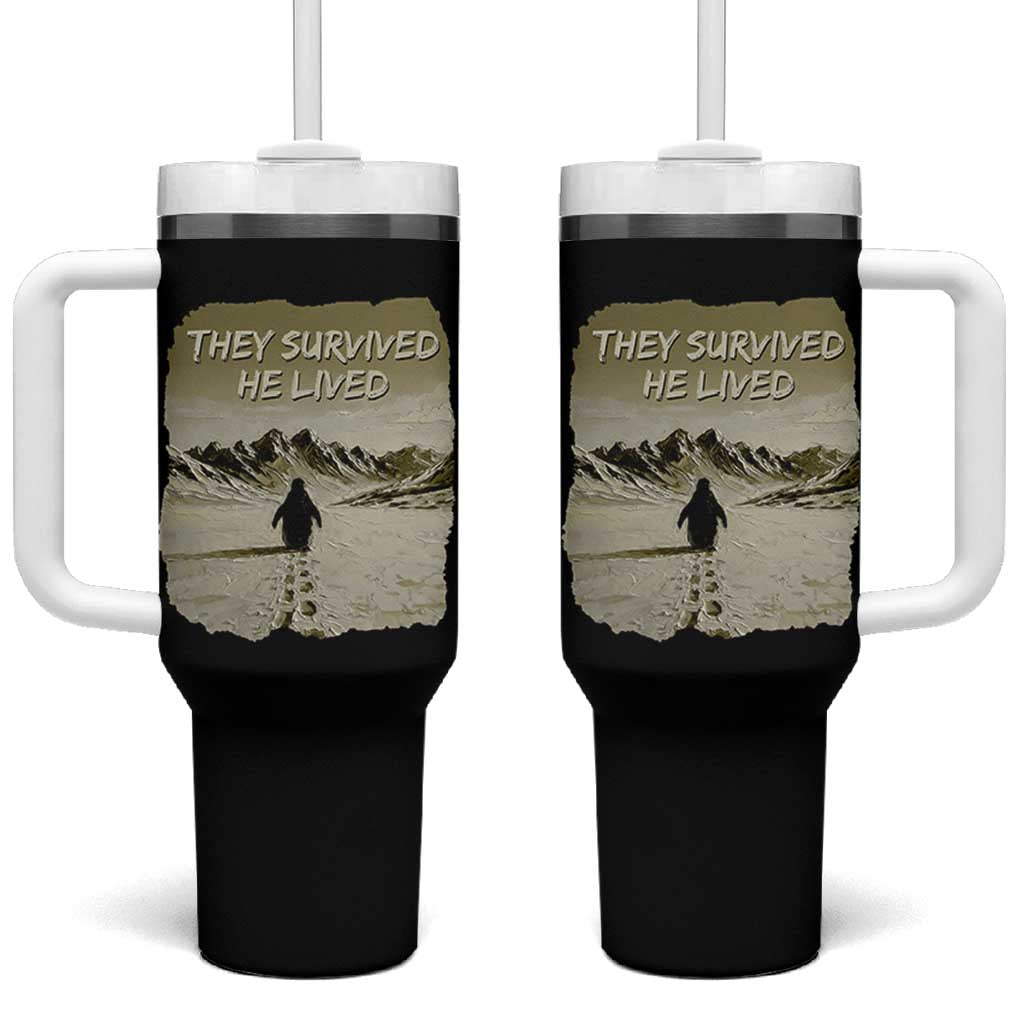 Nihilist Penguin Hiking Meme Tumbler With Handle They Survived He Lived