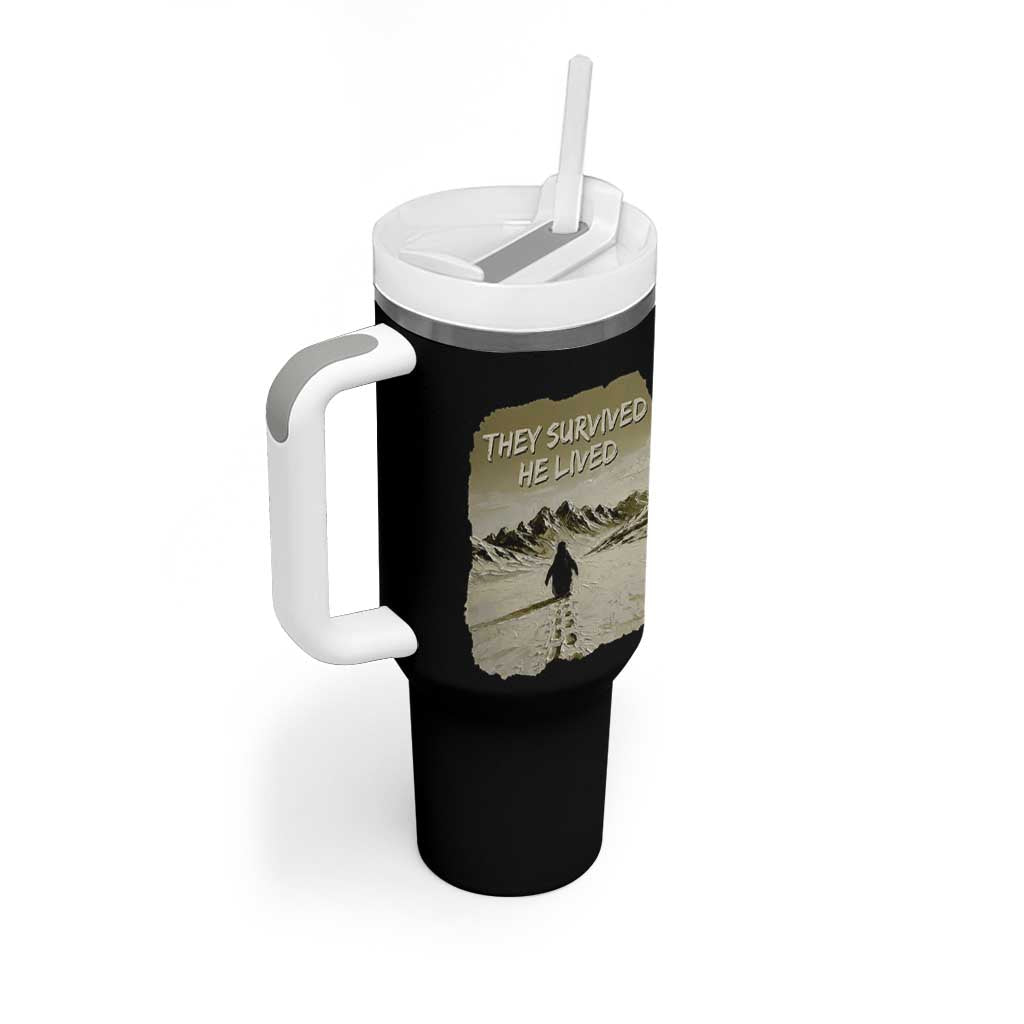 Nihilist Penguin Hiking Meme Tumbler With Handle They Survived He Lived