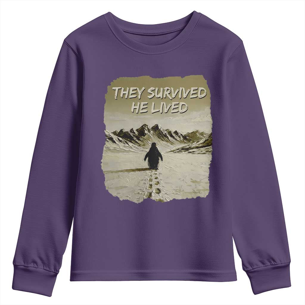 Nihilist Penguin Hiking Meme Youth Sweatshirt They Survived He Lived