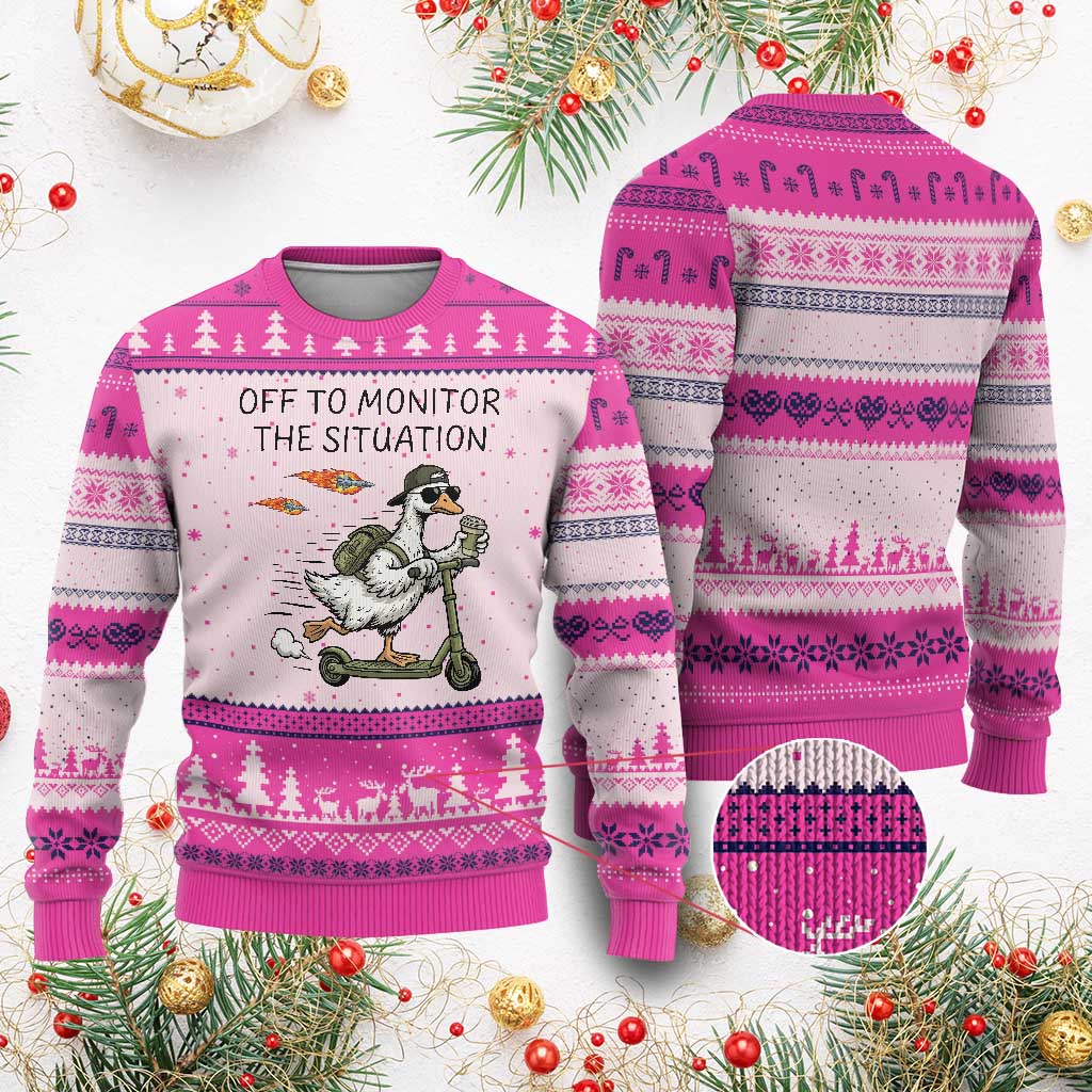 Funny Goose Support Freedom Meme Ugly Christmas Sweater Off To Monitor The Situation