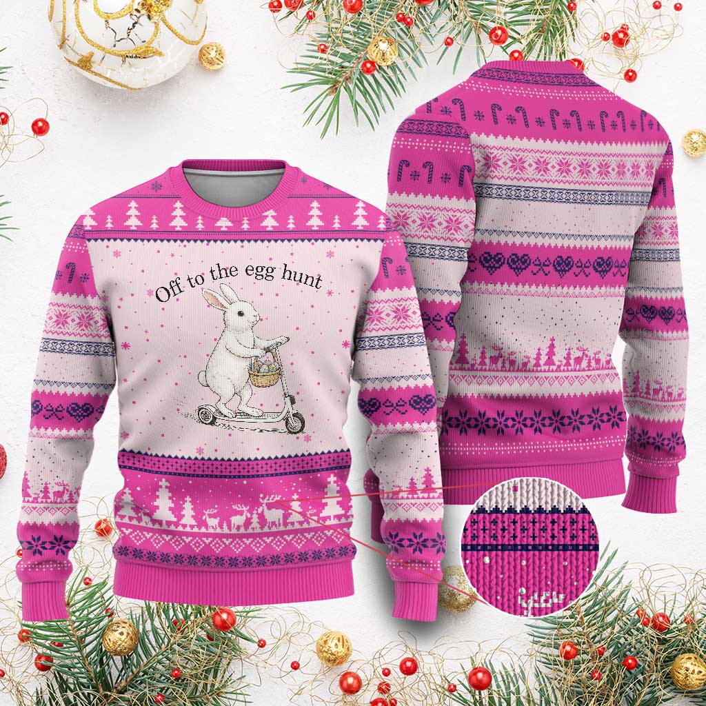 Off To The Egg Hunt Ugly Christmas Sweater Funny Easter Bunny