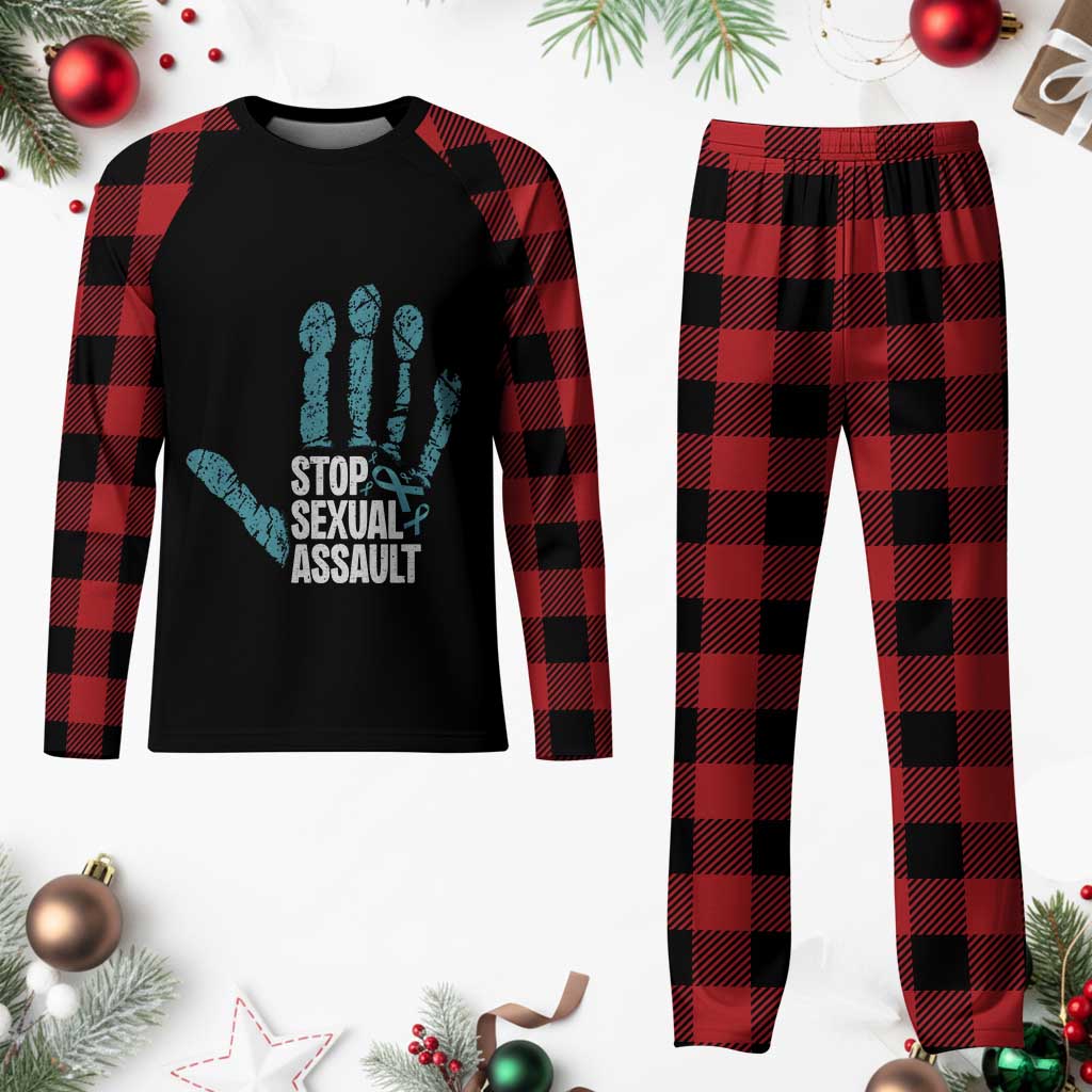 Stop Sexual Assault Plaid Pajama Set Teal Ribbon Hand