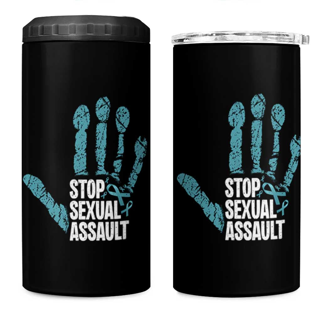 Stop Sexual Assault 4 in 1 Can Cooler Tumbler Teal Ribbon Hand
