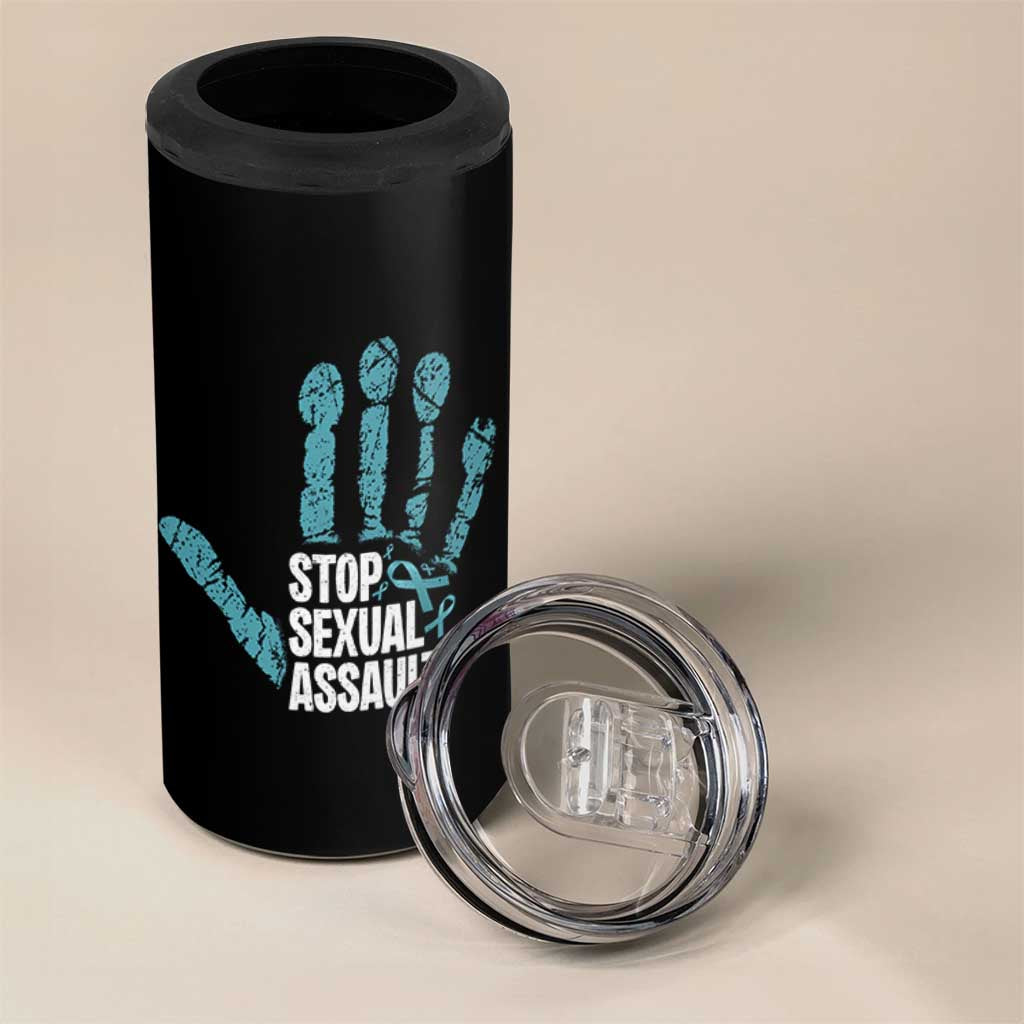 Stop Sexual Assault 4 in 1 Can Cooler Tumbler Teal Ribbon Hand