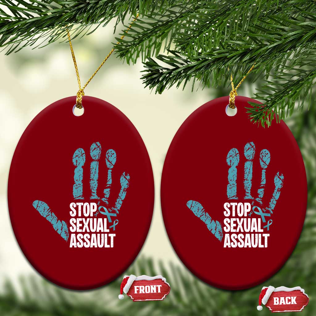 Stop Sexual Assault Ceramic Ornament Teal Ribbon Hand