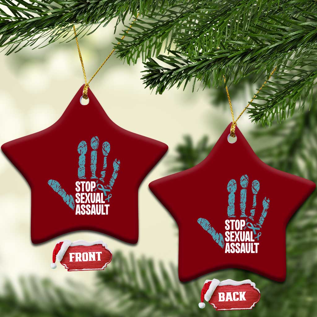 Stop Sexual Assault Ceramic Ornament Teal Ribbon Hand