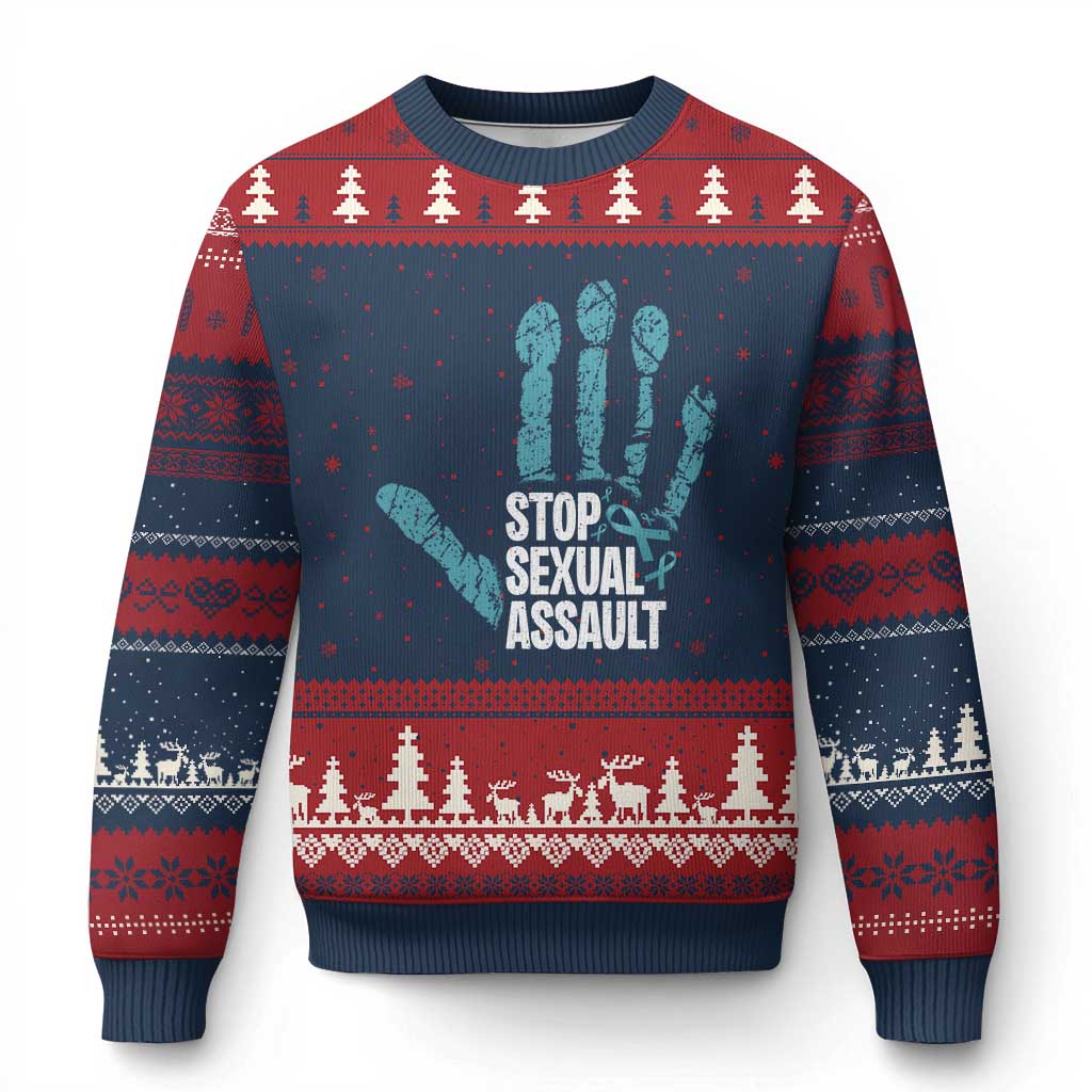 Stop Sexual Assault Ugly Christmas Sweater Teal Ribbon Hand
