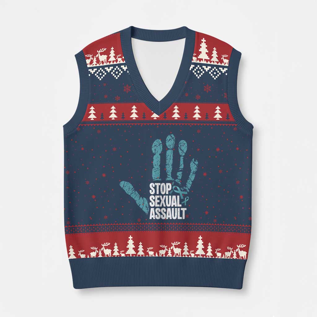 Stop Sexual Assault V-Neck Knit Sweater Vest Teal Ribbon Hand