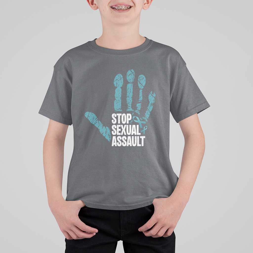 Stop Sexual Assault T Shirt For Kid Teal Ribbon Hand