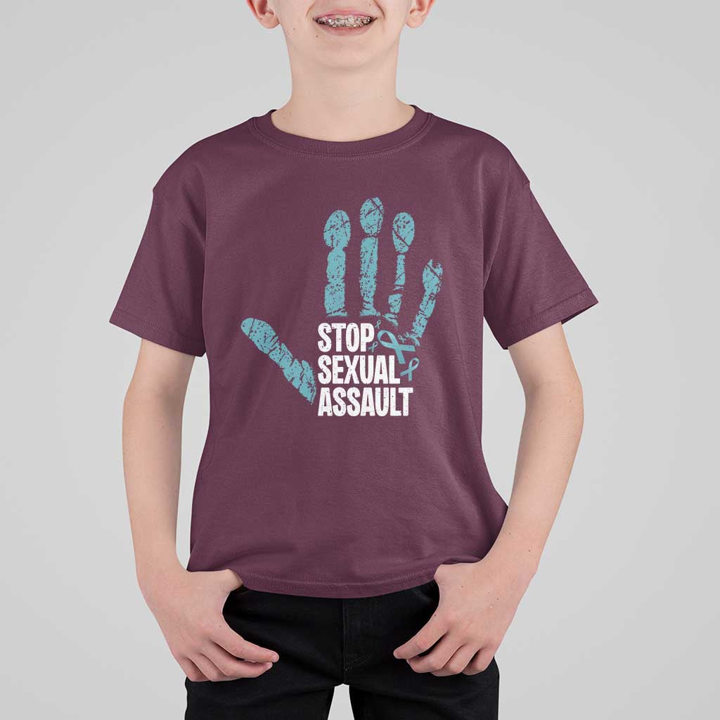 Stop Sexual Assault T Shirt For Kid Teal Ribbon Hand