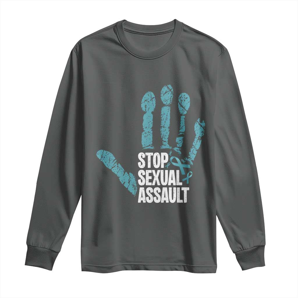 Stop Sexual Assault Long Sleeve Shirt Teal Ribbon Hand