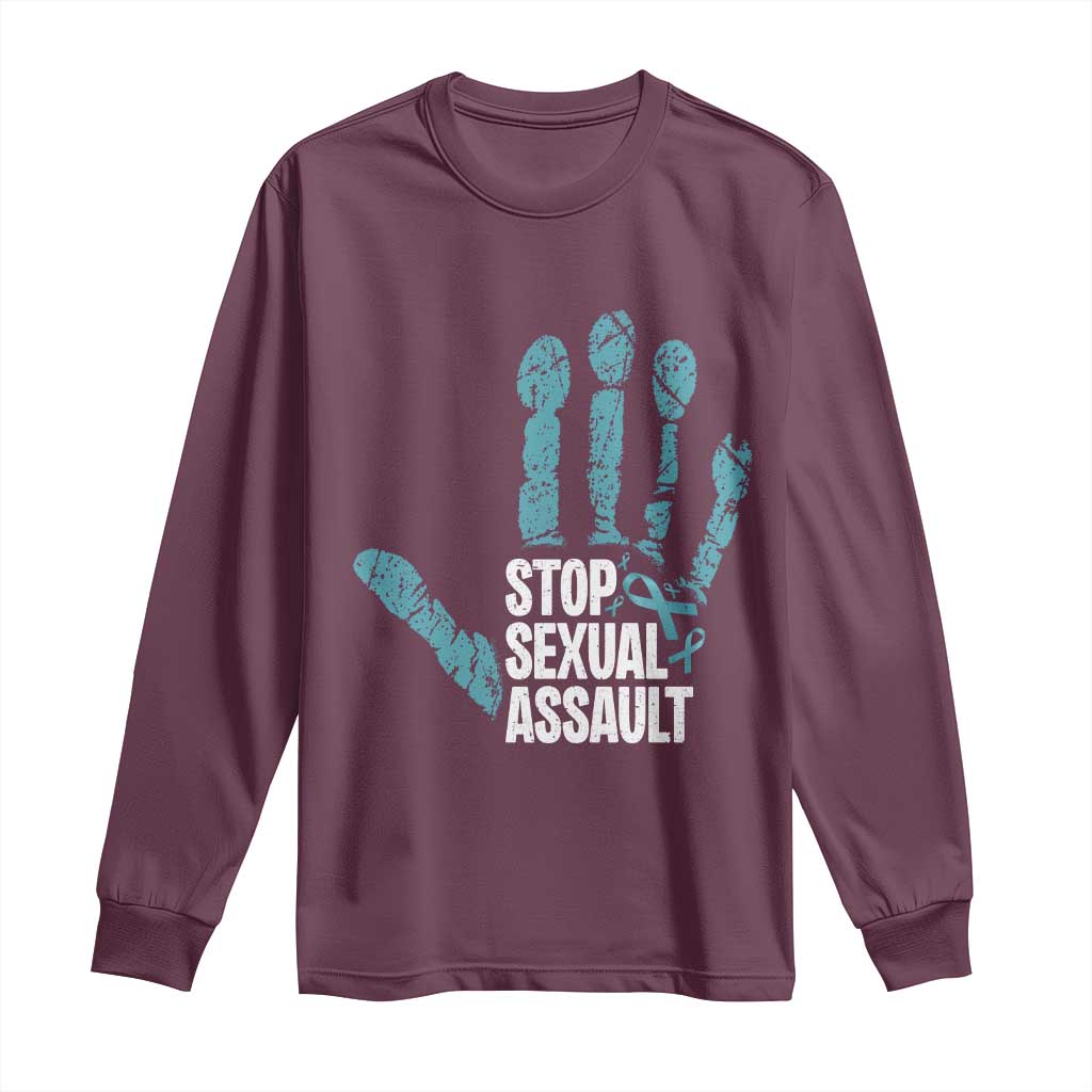 Stop Sexual Assault Long Sleeve Shirt Teal Ribbon Hand