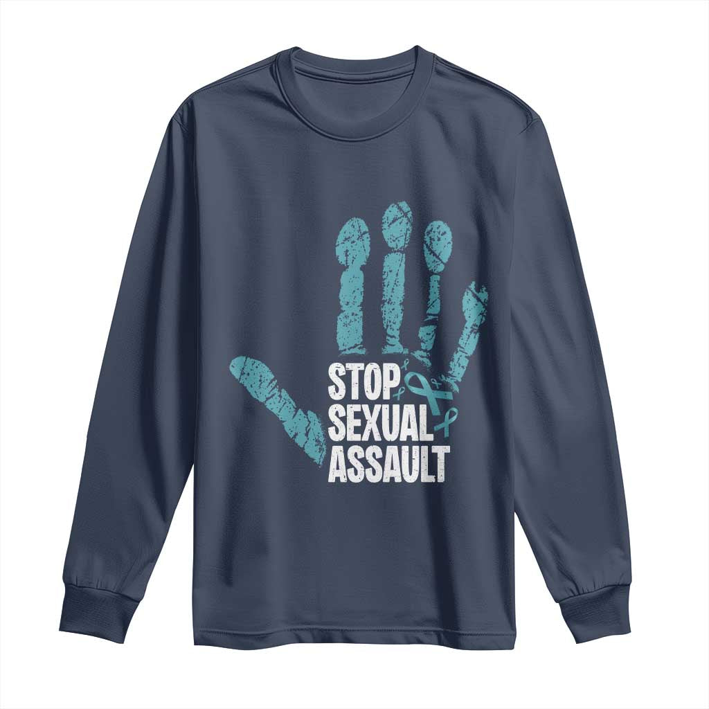 Stop Sexual Assault Long Sleeve Shirt Teal Ribbon Hand