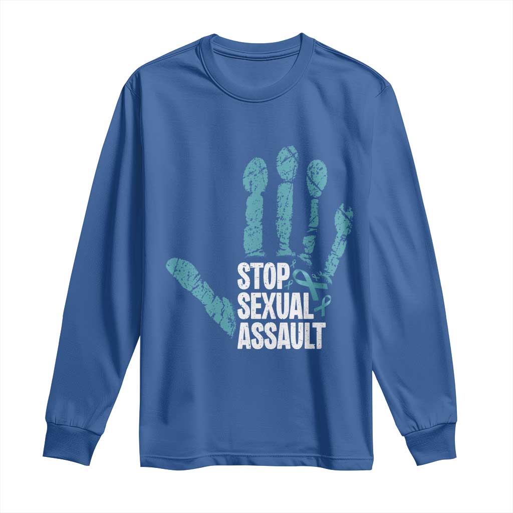 Stop Sexual Assault Long Sleeve Shirt Teal Ribbon Hand