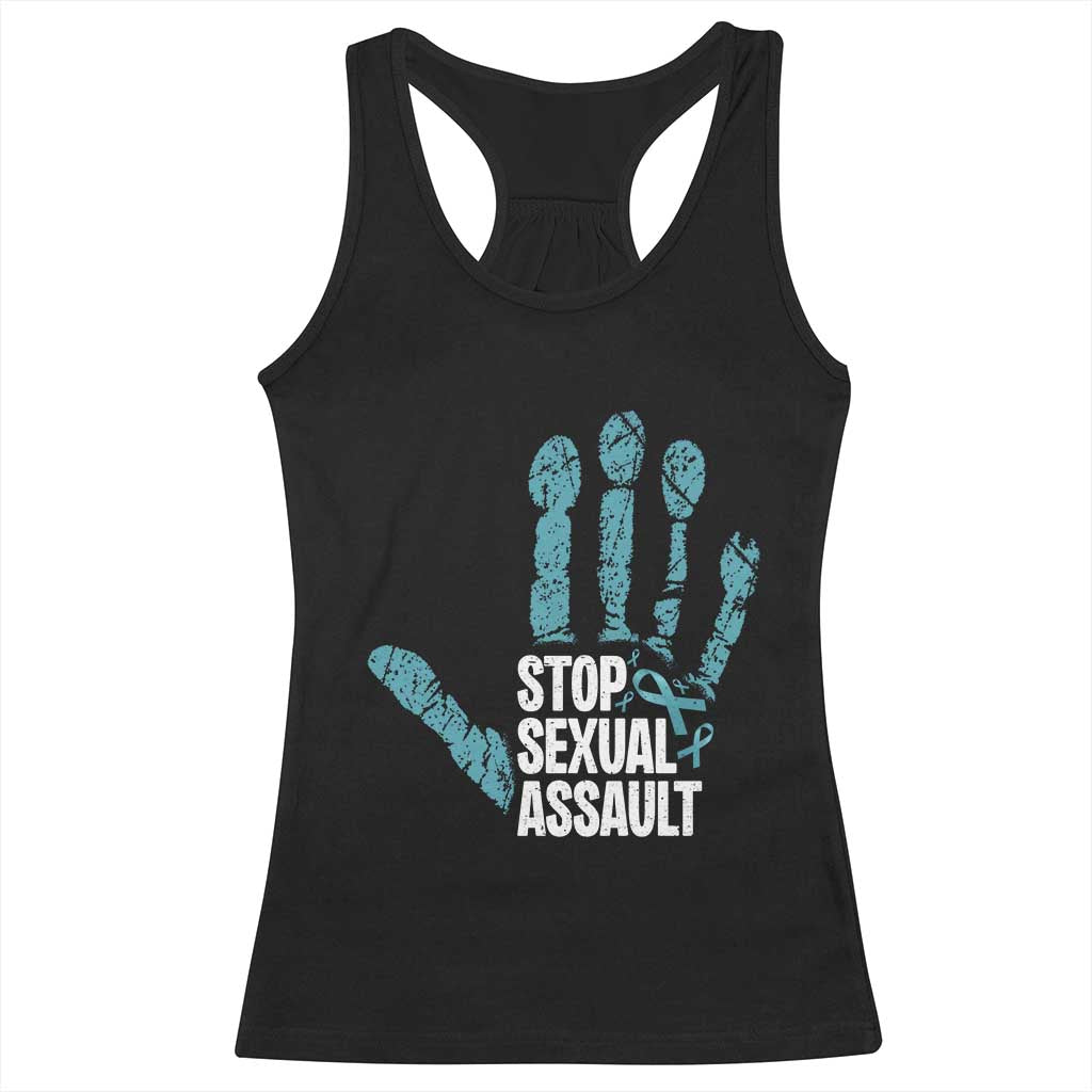 Stop Sexual Assault Racerback Tank Top Teal Ribbon Hand