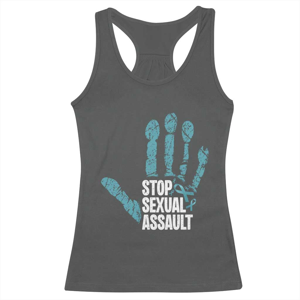 Stop Sexual Assault Racerback Tank Top Teal Ribbon Hand