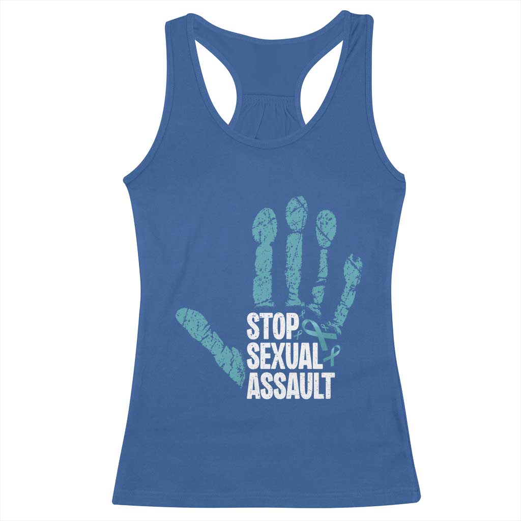 Stop Sexual Assault Racerback Tank Top Teal Ribbon Hand