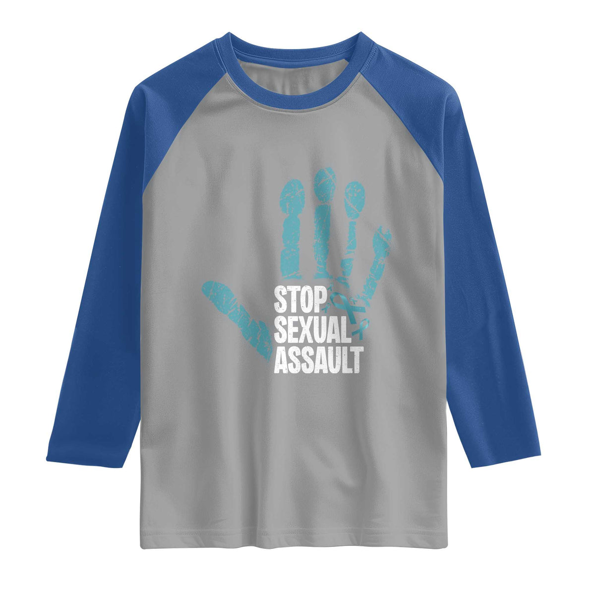 Stop Sexual Assault Raglan Shirt Teal Ribbon Hand