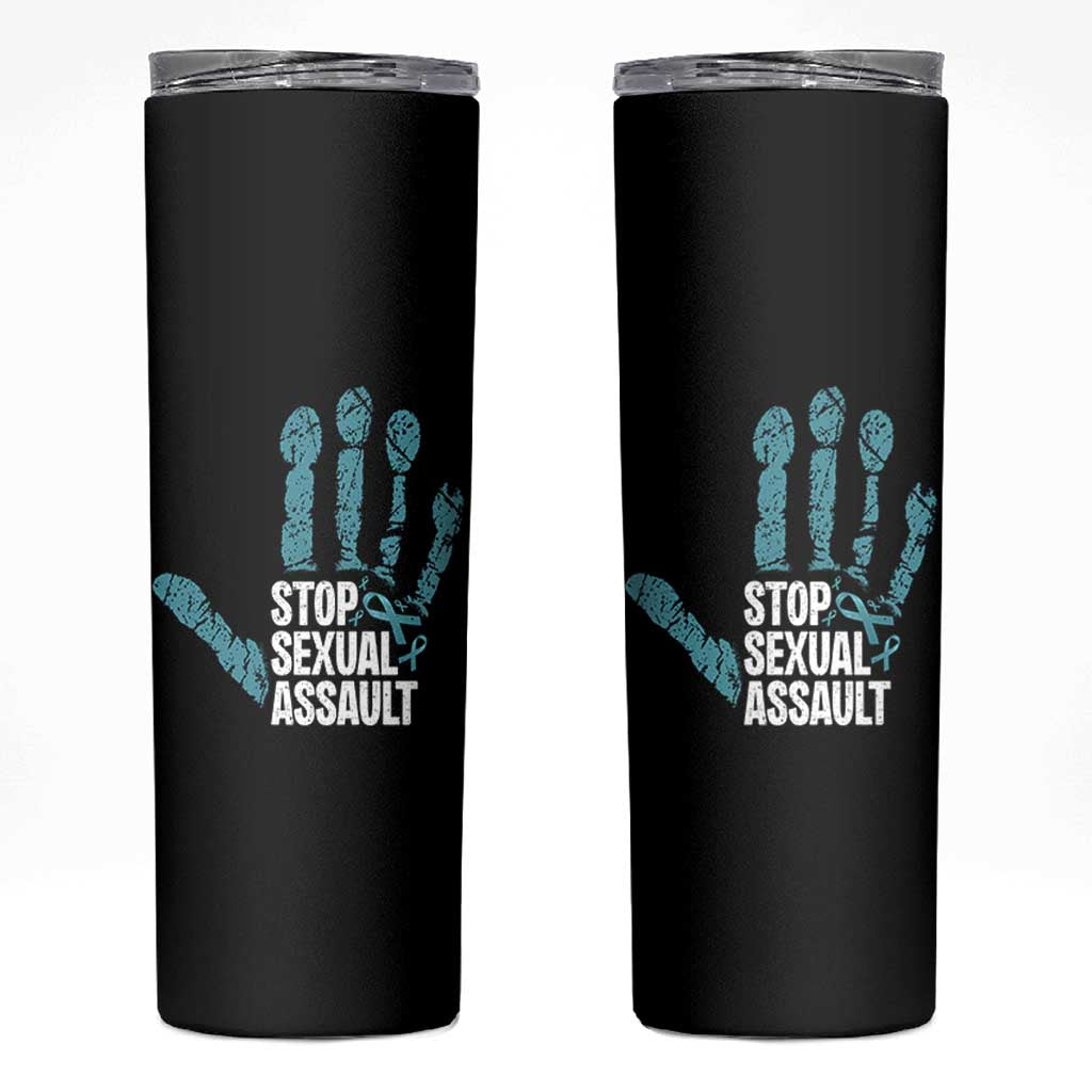 Stop Sexual Assault Skinny Tumbler Teal Ribbon Hand