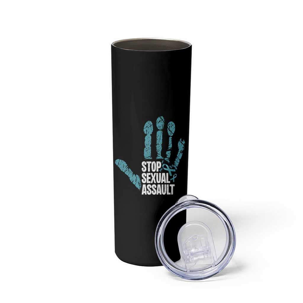 Stop Sexual Assault Skinny Tumbler Teal Ribbon Hand