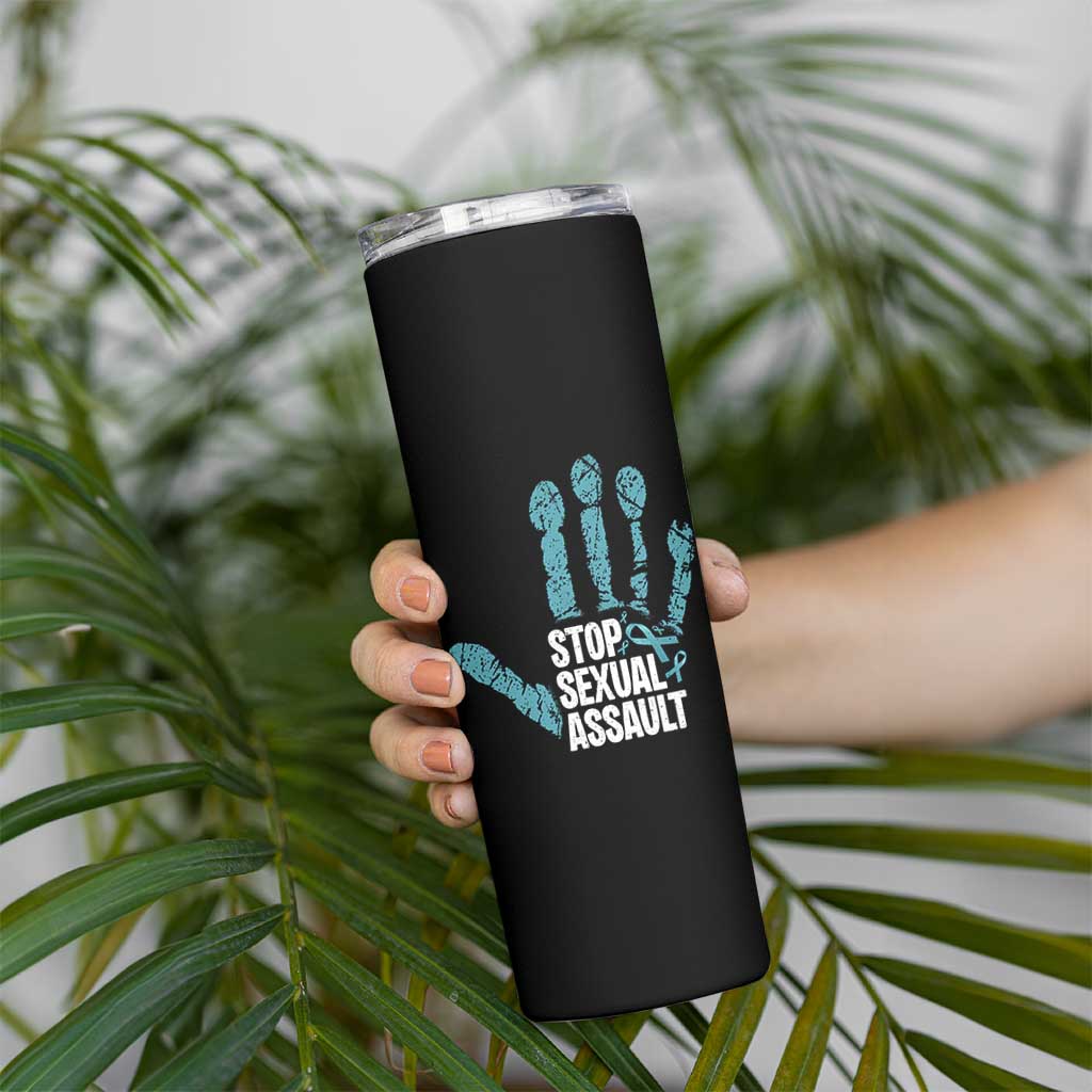 Stop Sexual Assault Skinny Tumbler Teal Ribbon Hand
