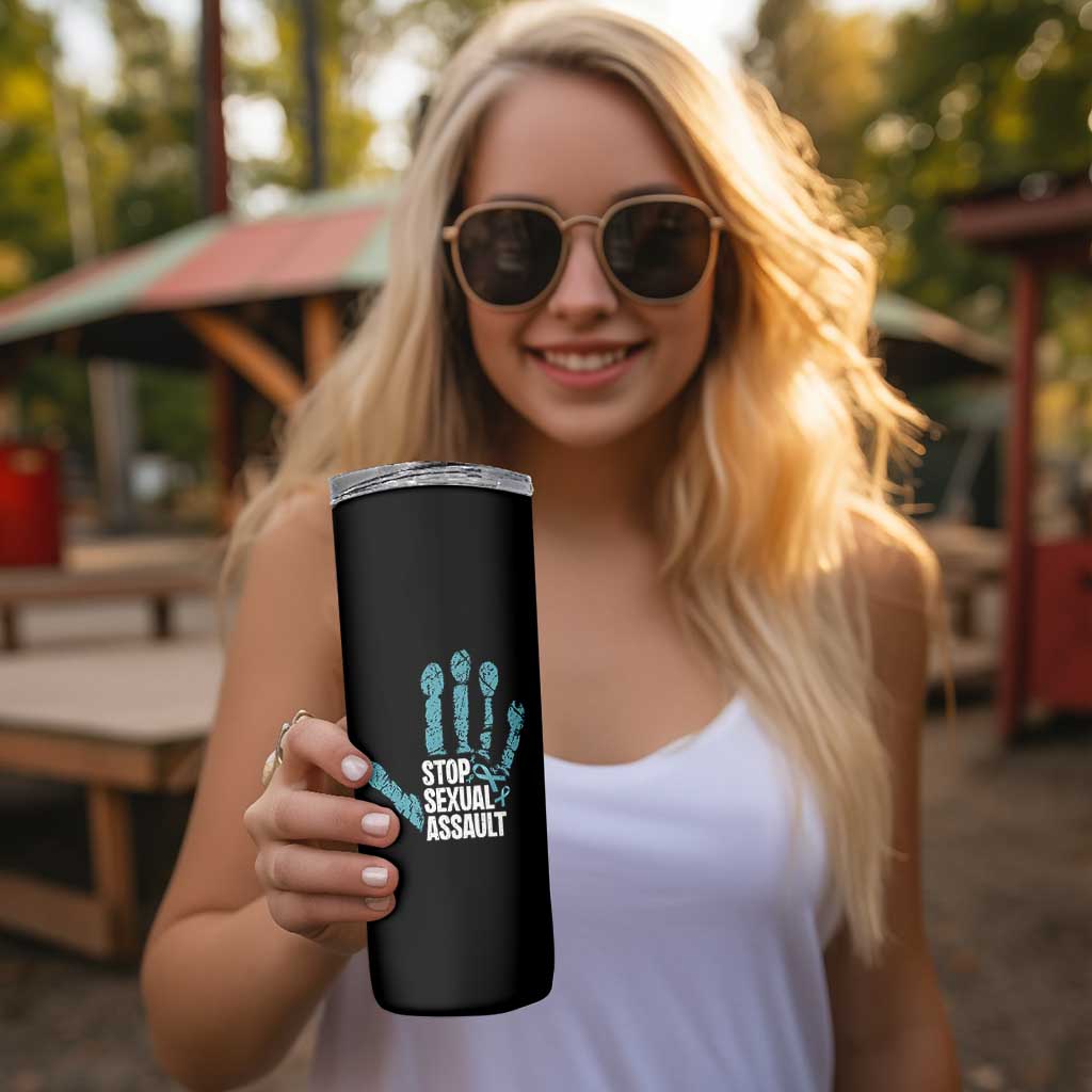 Stop Sexual Assault Skinny Tumbler Teal Ribbon Hand