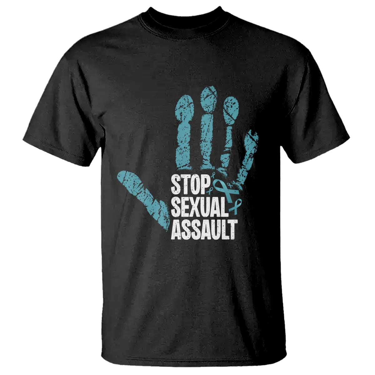 Stop Sexual Assault T Shirt Teal Ribbon Hand