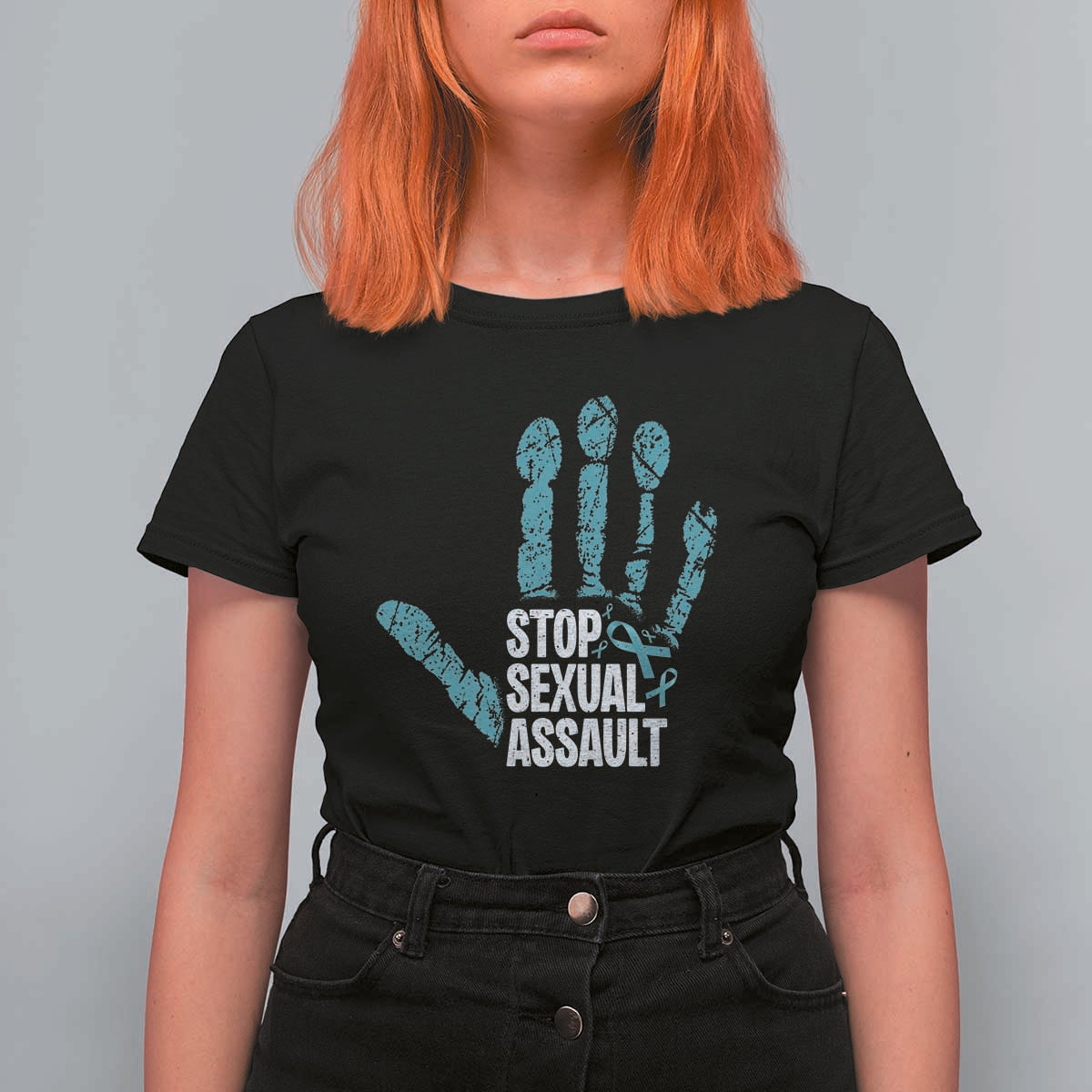 Stop Sexual Assault T Shirt For Women Teal Ribbon Hand