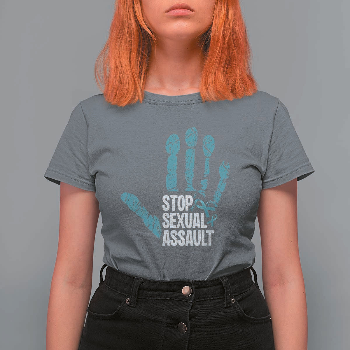 Stop Sexual Assault T Shirt For Women Teal Ribbon Hand