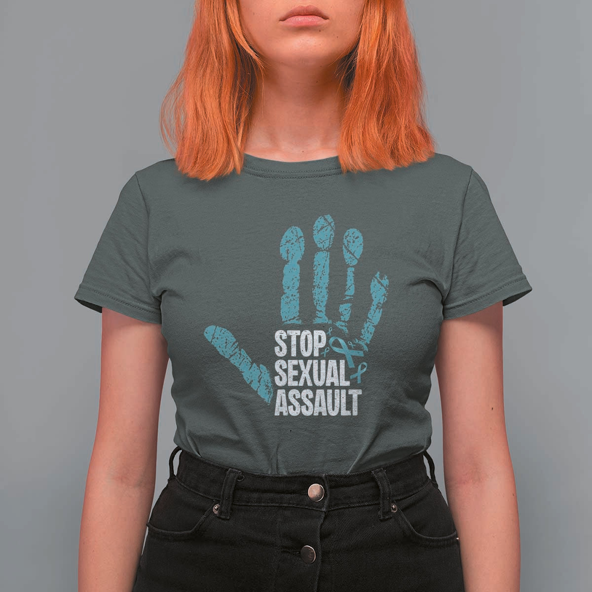Stop Sexual Assault T Shirt For Women Teal Ribbon Hand