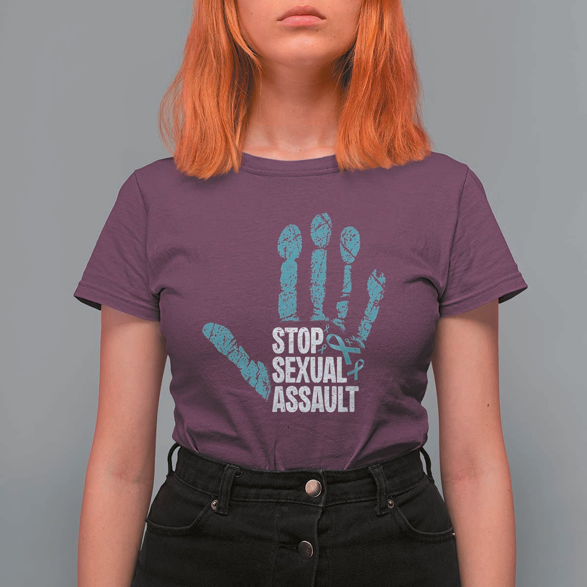 Stop Sexual Assault T Shirt For Women Teal Ribbon Hand