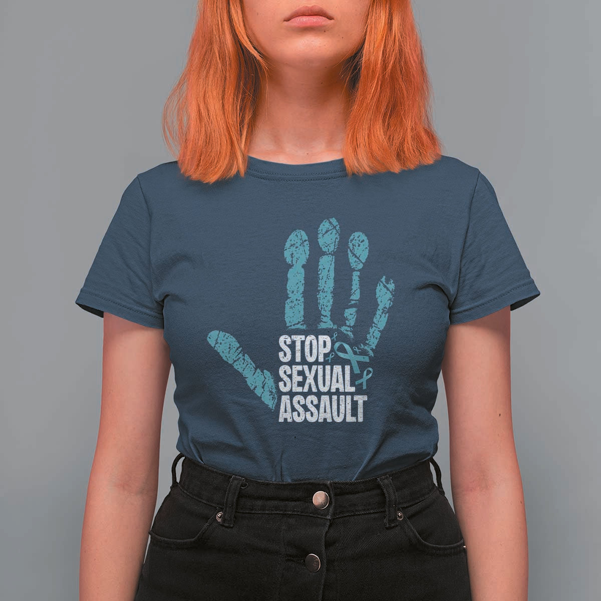 Stop Sexual Assault T Shirt For Women Teal Ribbon Hand