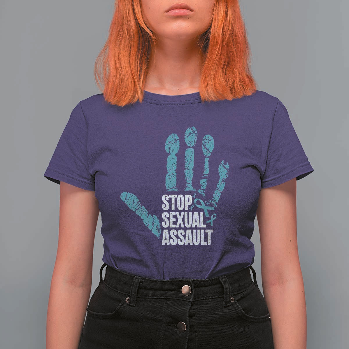 Stop Sexual Assault T Shirt For Women Teal Ribbon Hand