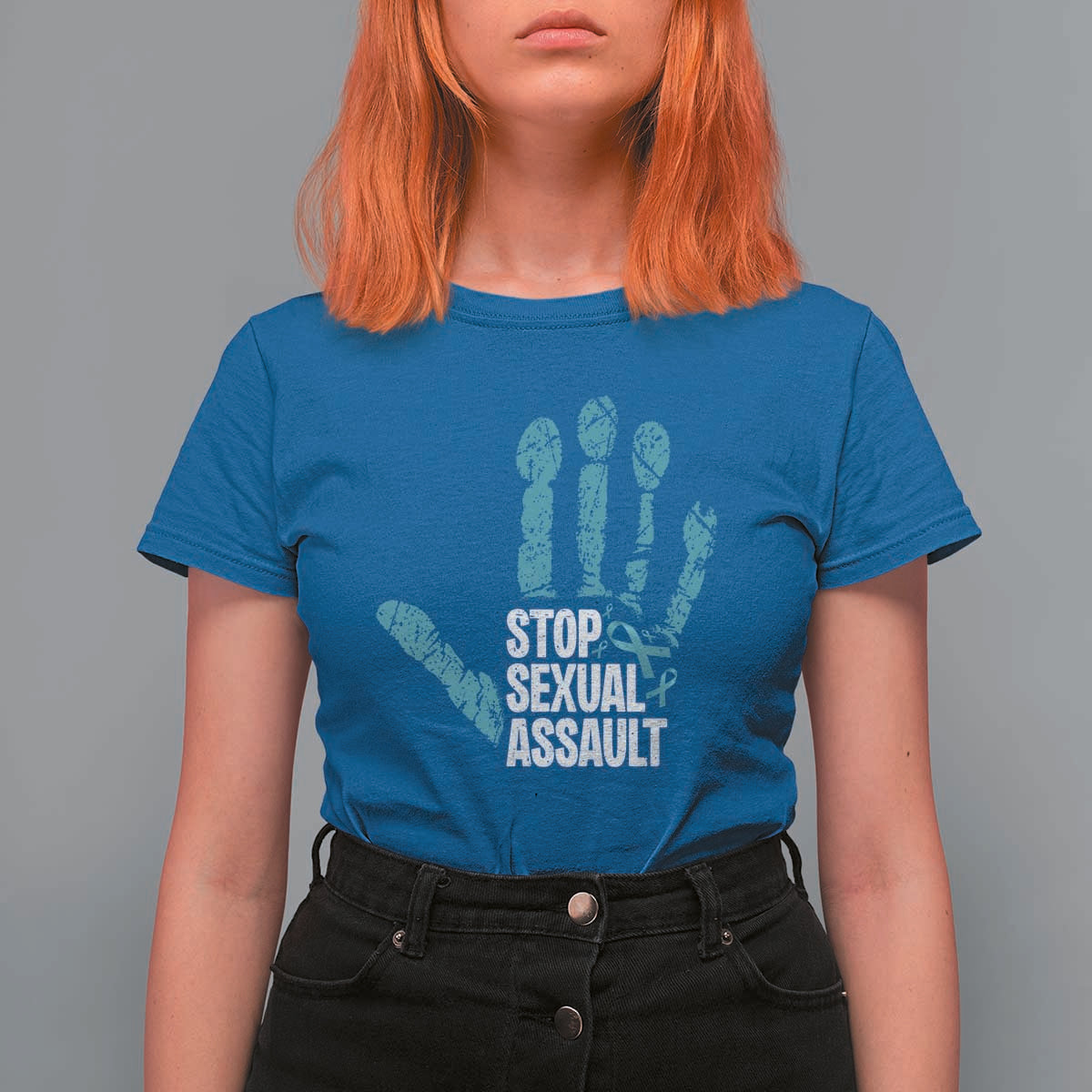 Stop Sexual Assault T Shirt For Women Teal Ribbon Hand