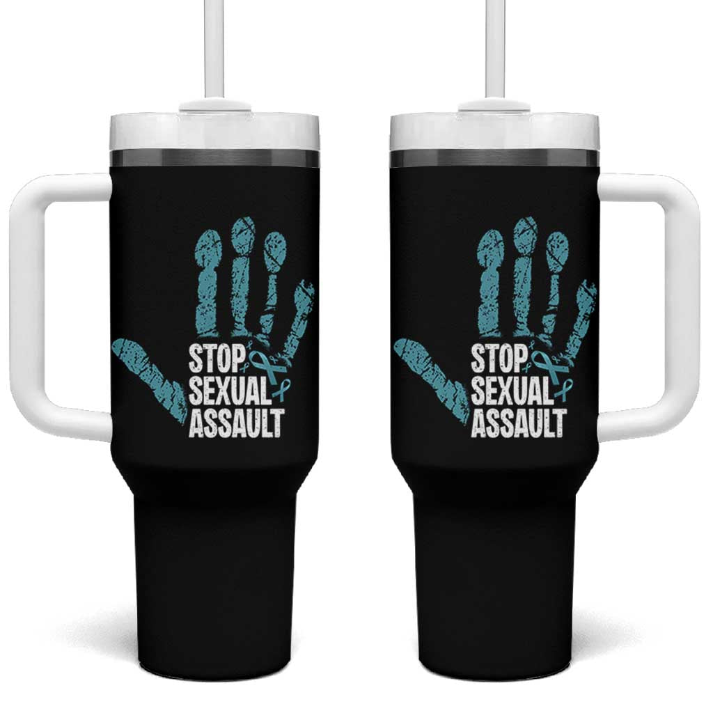 Stop Sexual Assault Tumbler With Handle Teal Ribbon Hand