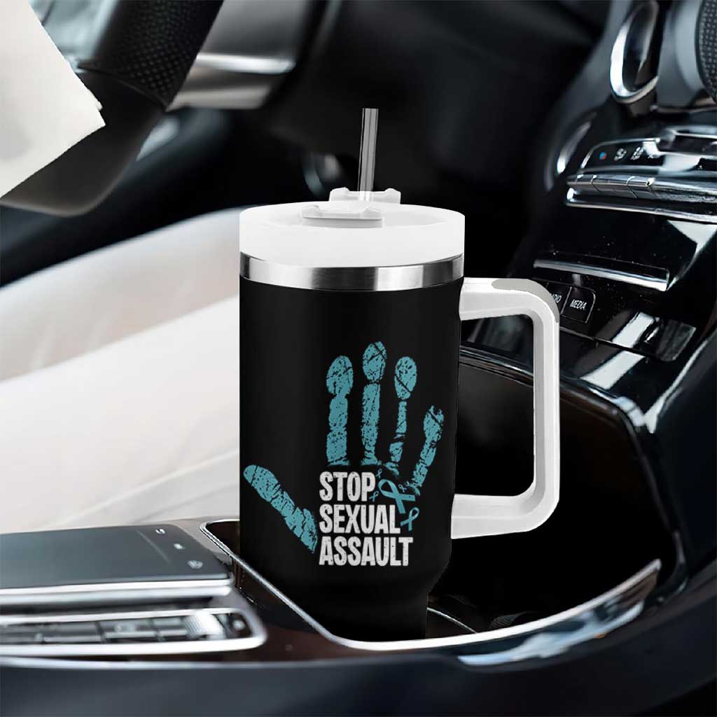 Stop Sexual Assault Tumbler With Handle Teal Ribbon Hand