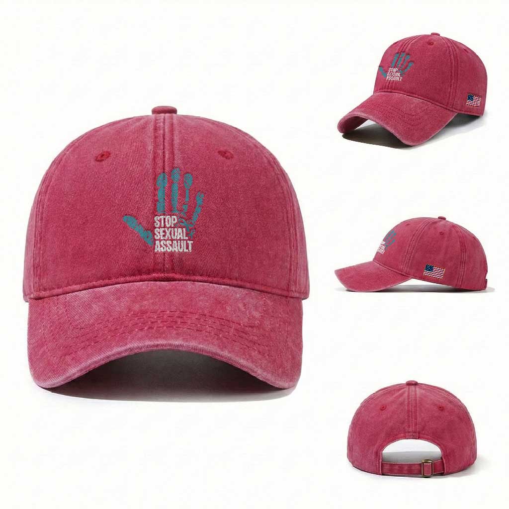 Stop Sexual Assault Washed Cotton Baseball Cap Teal Ribbon Hand