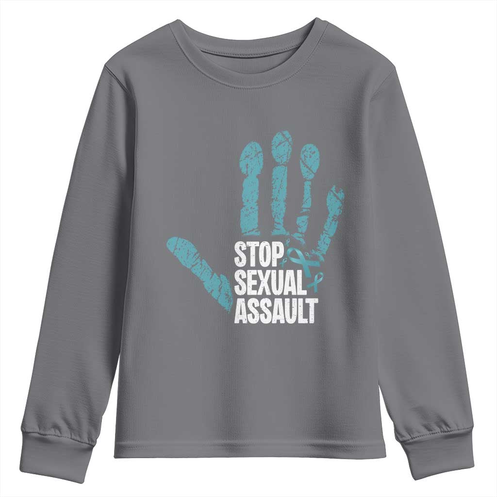 Stop Sexual Assault Youth Sweatshirt Teal Ribbon Hand