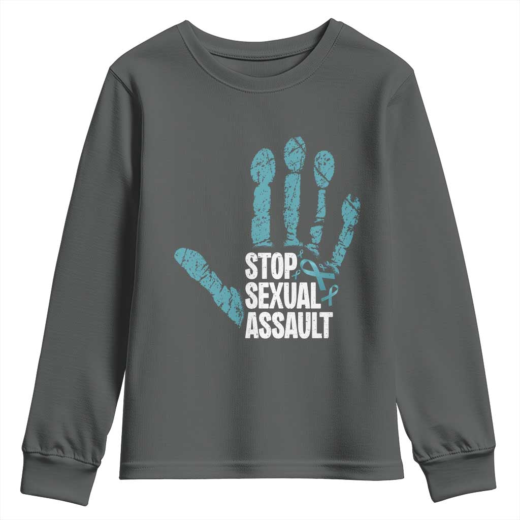 Stop Sexual Assault Youth Sweatshirt Teal Ribbon Hand