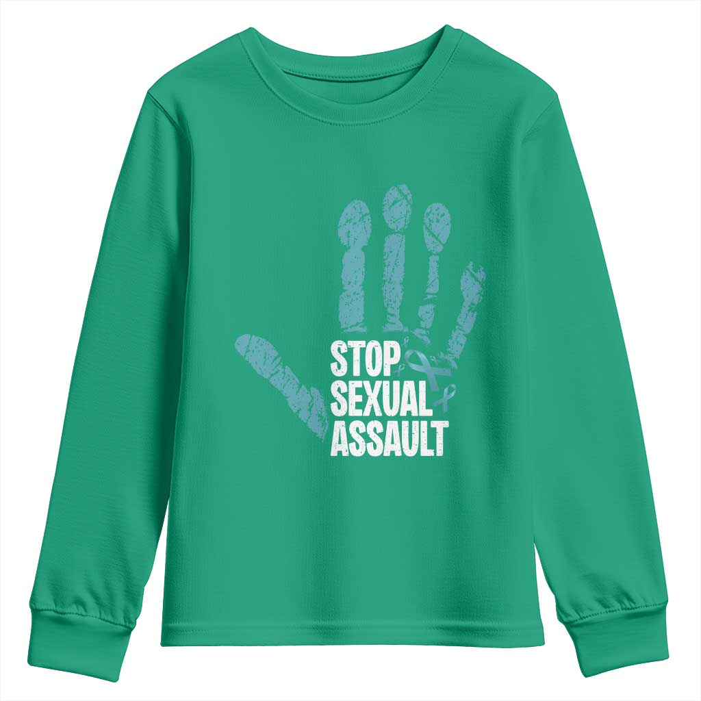 Stop Sexual Assault Youth Sweatshirt Teal Ribbon Hand