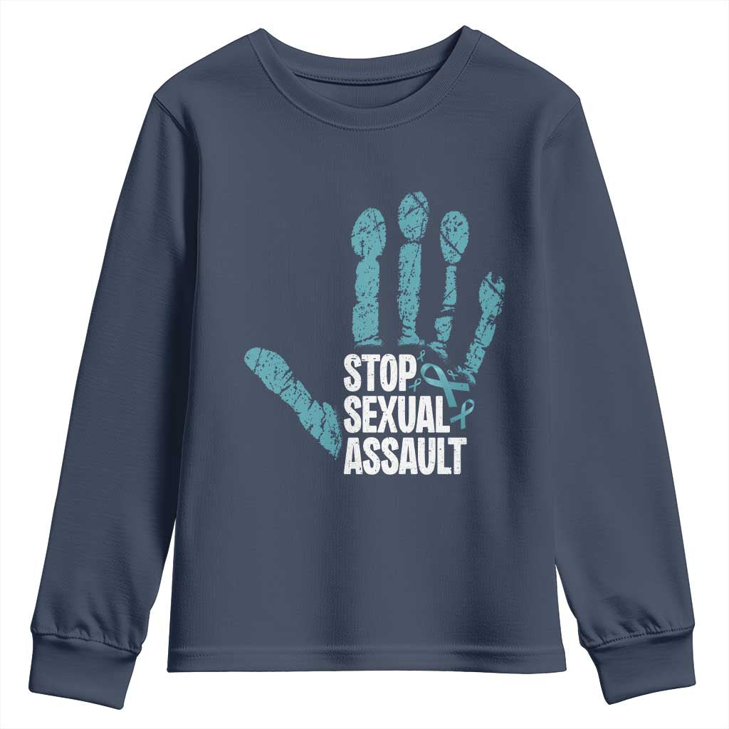 Stop Sexual Assault Youth Sweatshirt Teal Ribbon Hand